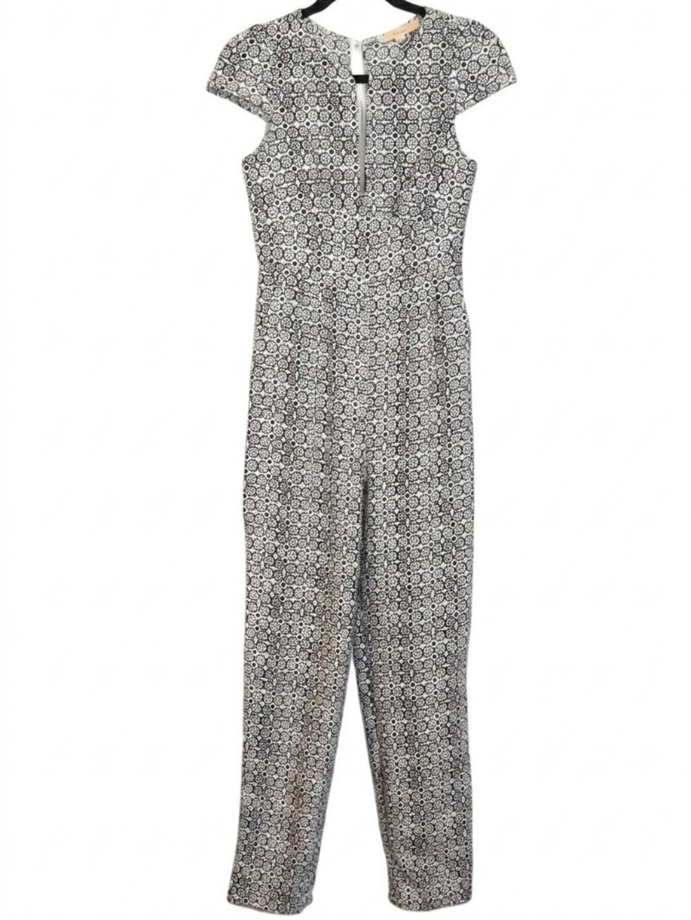 Ondine Geometric Graphic Print Jumpsuit Plunging V-Neck Cap Sleeve Black White 6